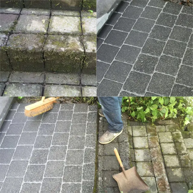 Collage aus Vorher-nachher-Bildern einer Pflasterreinigung: stark verschmutzte, vermooste Steine neben frisch gereinigten, gleichmäßig grauen Pflasterflächen; Besen, Schaufel und Person im Bild.